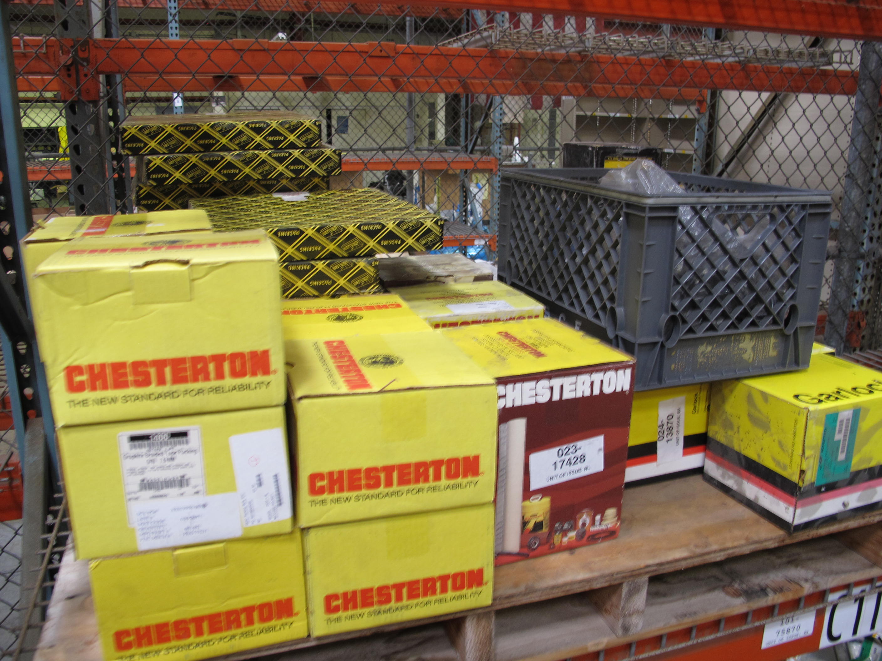 LOT TO INCLUDE TO INCLUDE BUT NOT LIMITED TO: (2 PALLET SIZED BOXES) MISC. GASKETS, SHIMS, O-RINGS, AND PACKING, (1) PALLET OF CHESTERTON, JOHN CRANE, AND GARLOCK BULK MECHANICAL PACKING. LOADING & HANDLING FEE $15-4214